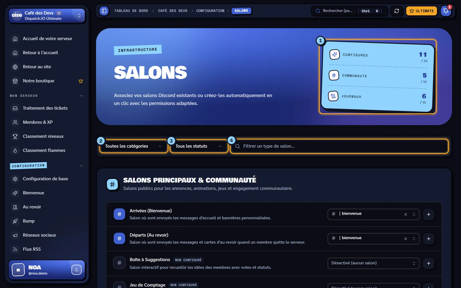 La page Salons du serveur Café des Devs. Page Salons avec les indicateurs, les filtres et les premiers types de salons