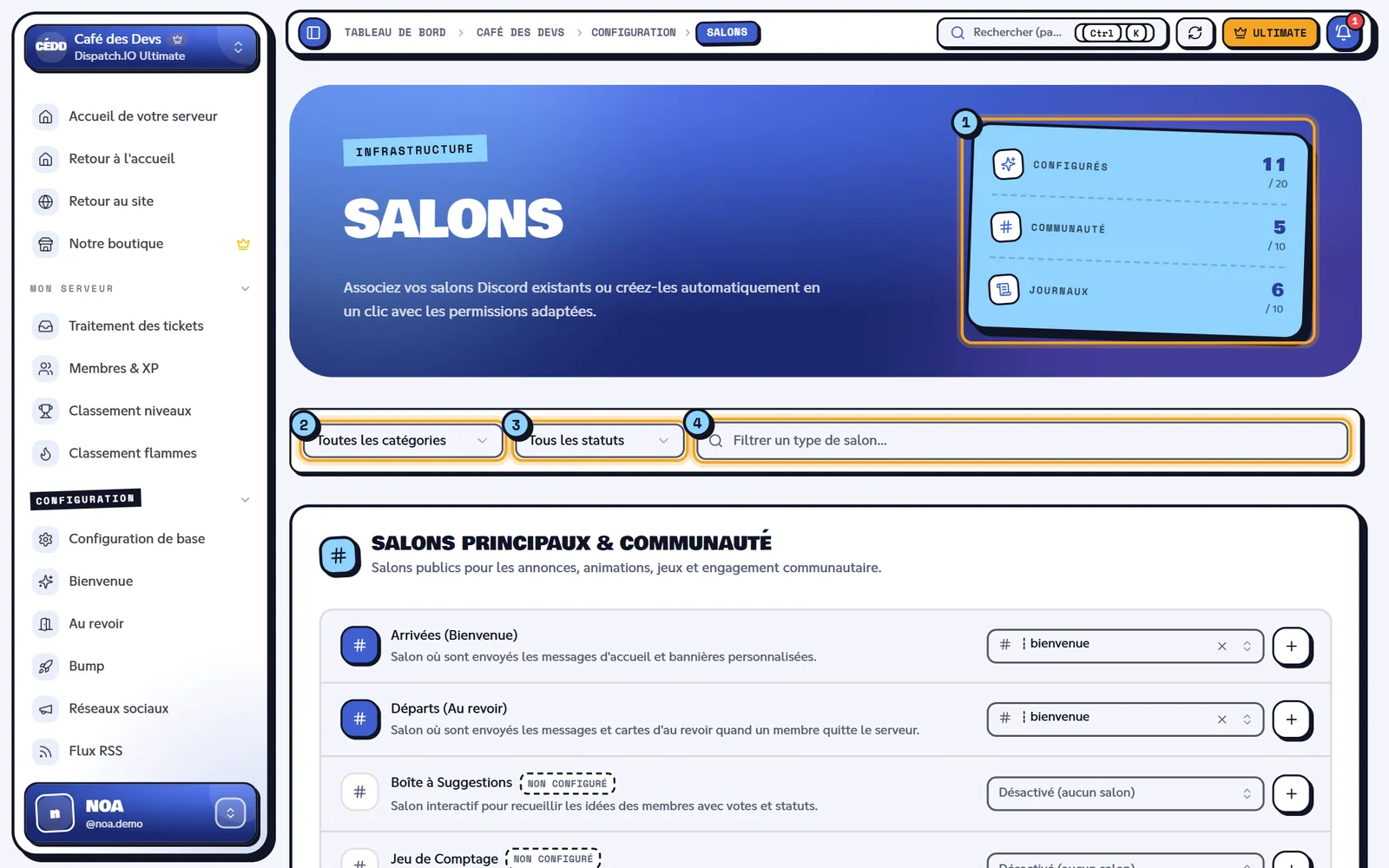 La page Salons du serveur Café des Devs. Page Salons avec les indicateurs, les filtres et les premiers types de salons