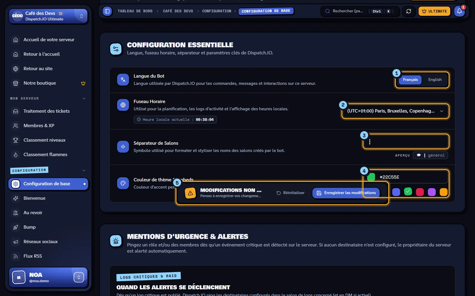 La couleur vient d'être changée : la barre d'enregistrement apparaît en bas. Bloc Configuration essentielle avec la langue, le fuseau horaire, le séparateur et la couleur
