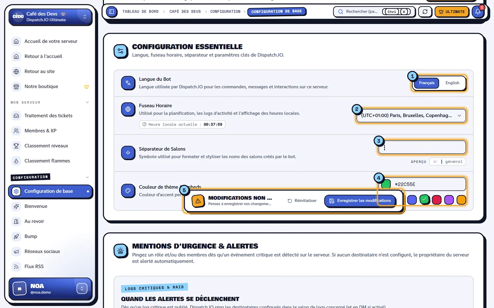 La couleur vient d'être changée : la barre d'enregistrement apparaît en bas. Bloc Configuration essentielle avec la langue, le fuseau horaire, le séparateur et la couleur