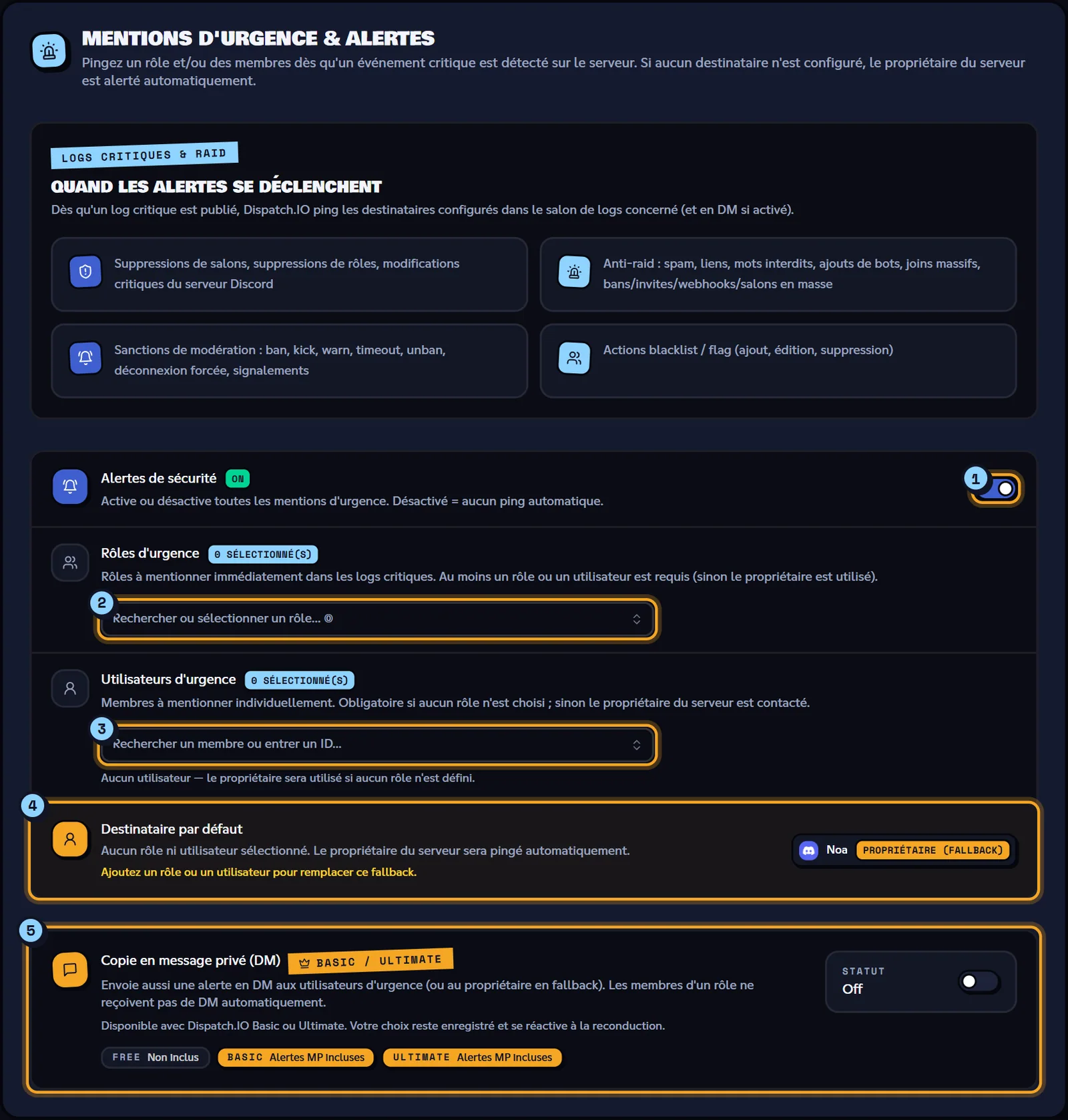 Aucun destinataire choisi : le propriétaire du serveur est prévenu par défaut. Bloc Mentions d'urgence & alertes avec les rôles, les utilisateurs et la copie en message privé