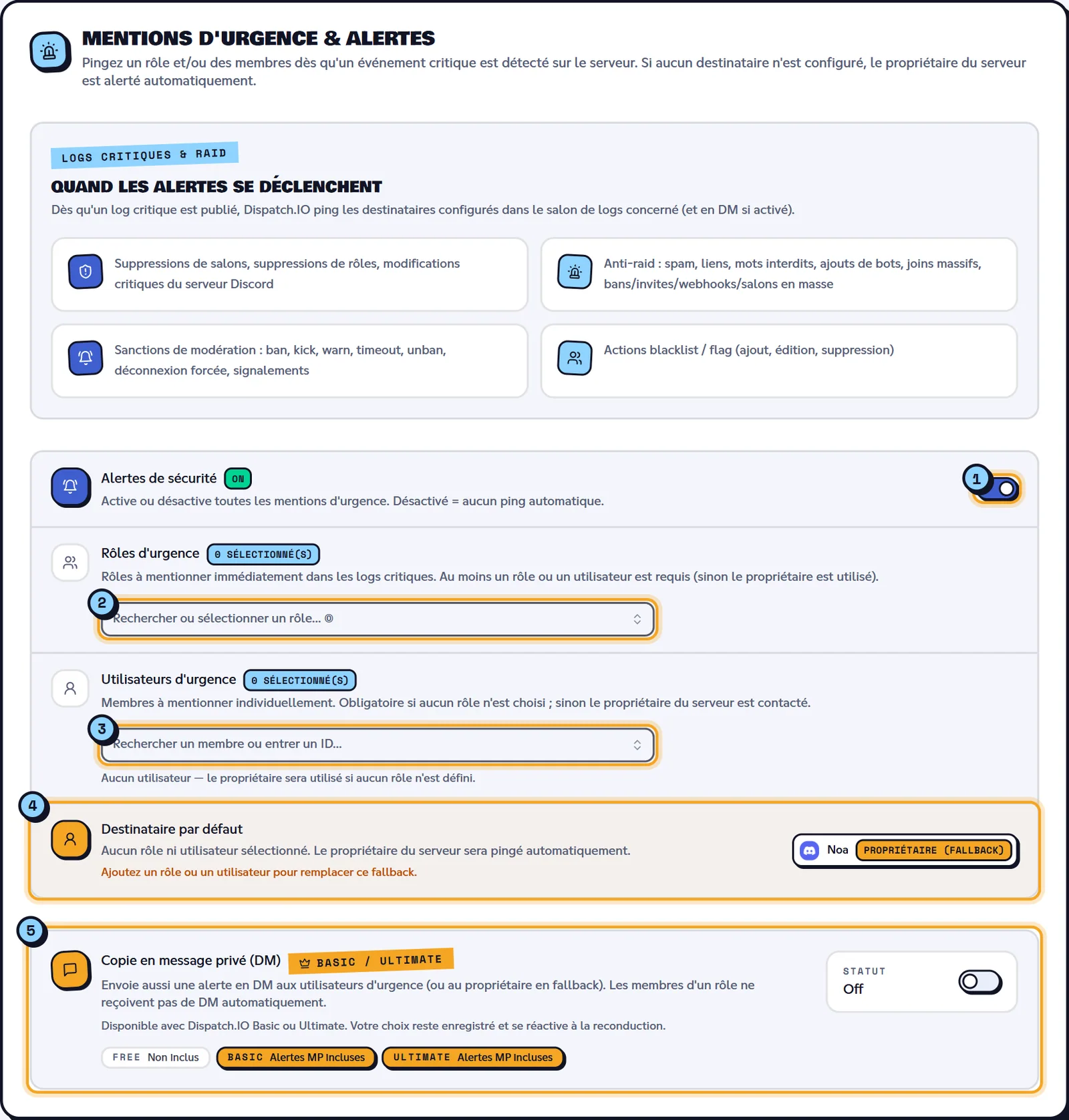 Aucun destinataire choisi : le propriétaire du serveur est prévenu par défaut. Bloc Mentions d'urgence & alertes avec les rôles, les utilisateurs et la copie en message privé