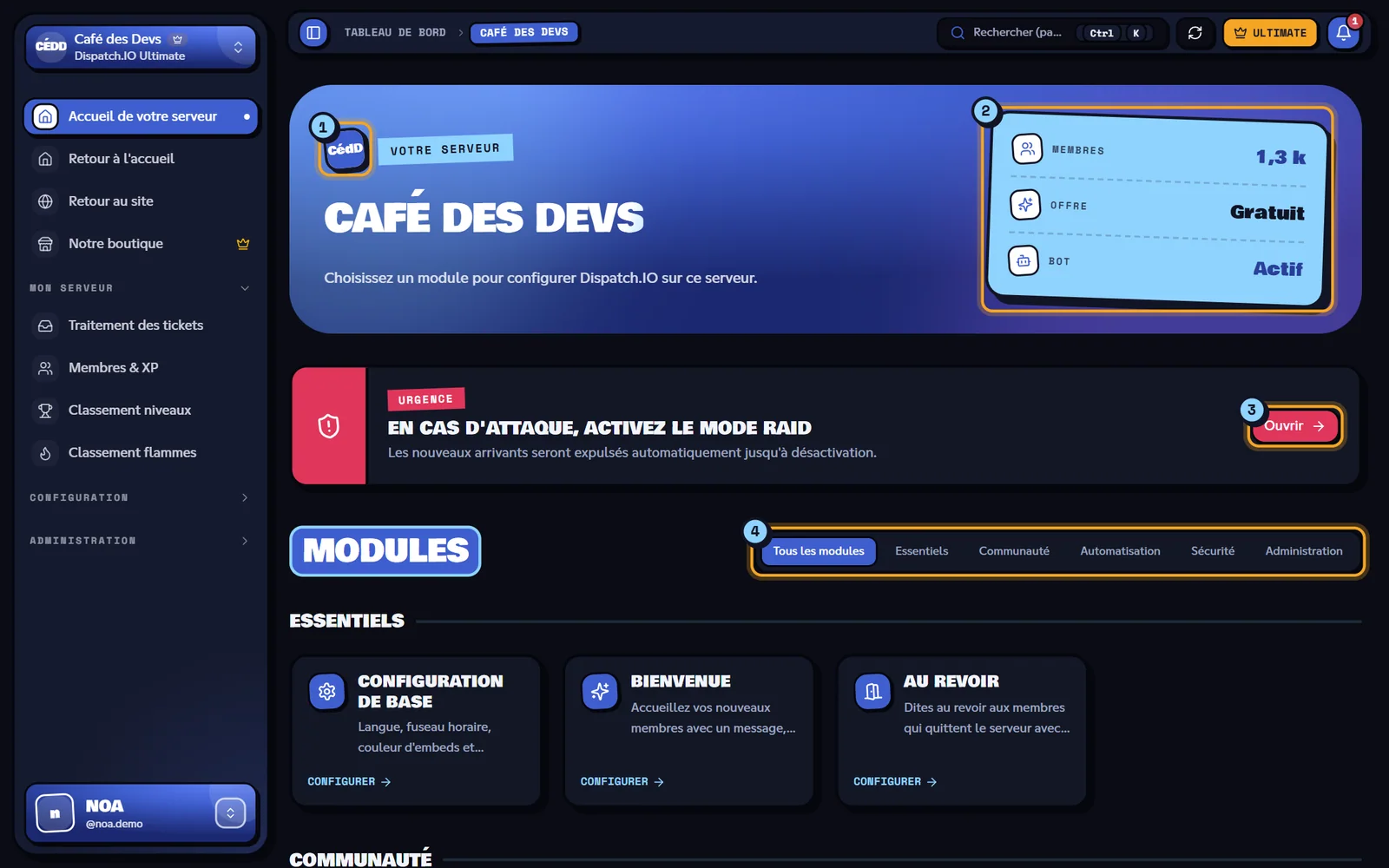 Accueil du serveur Café des Devs sur le tableau de bord, avec les modules