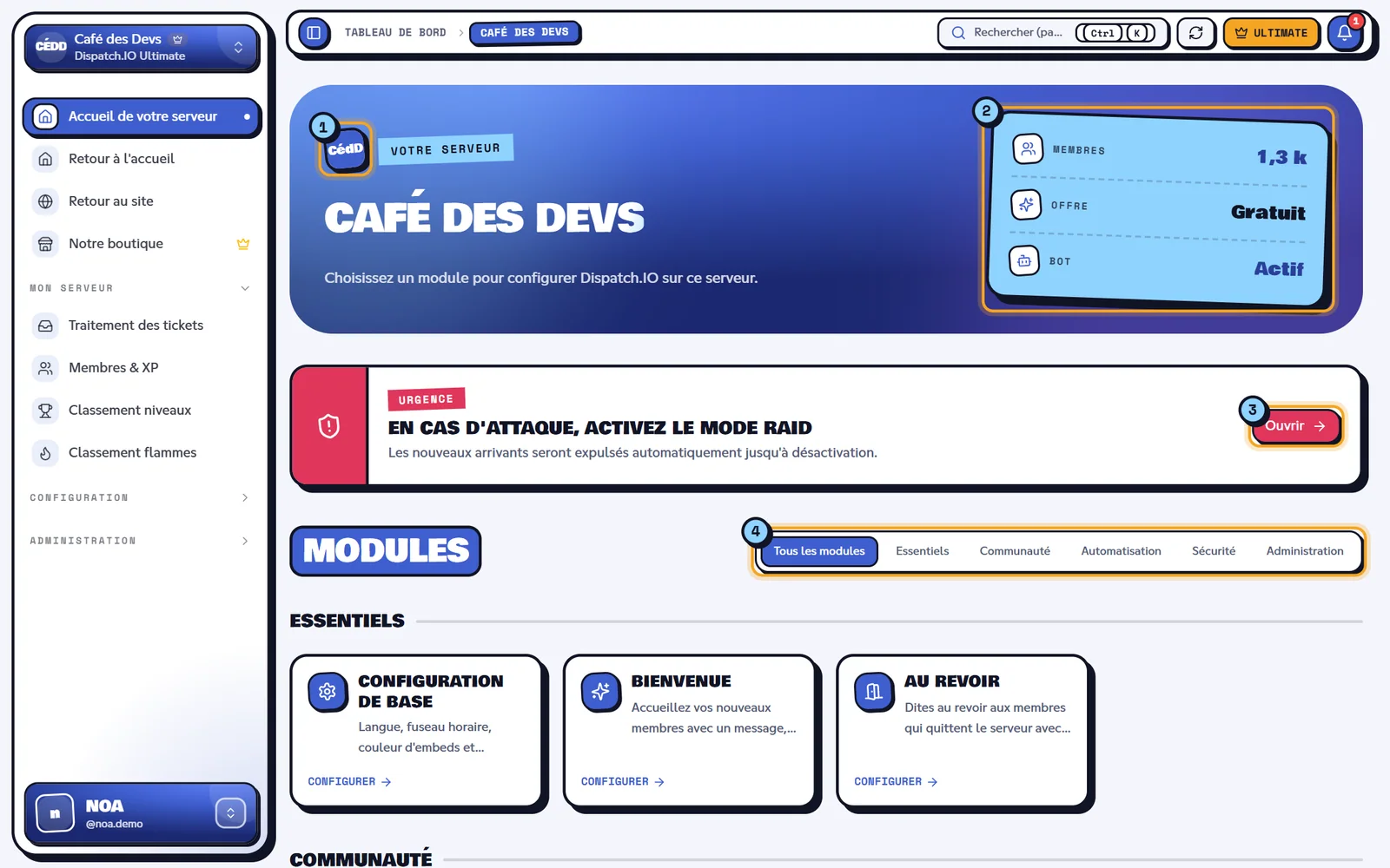 Accueil du serveur Café des Devs sur le tableau de bord, avec les modules