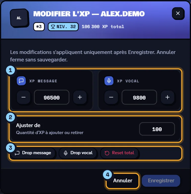 Modifier l'XP d'Alex. Fenêtre Modifier l'XP avec l'XP message, l'XP vocal et les boutons de remise à zéro
