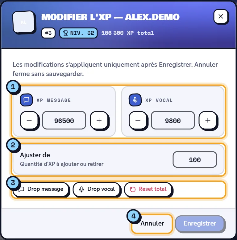 Modifier l'XP d'Alex. Fenêtre Modifier l'XP avec l'XP message, l'XP vocal et les boutons de remise à zéro