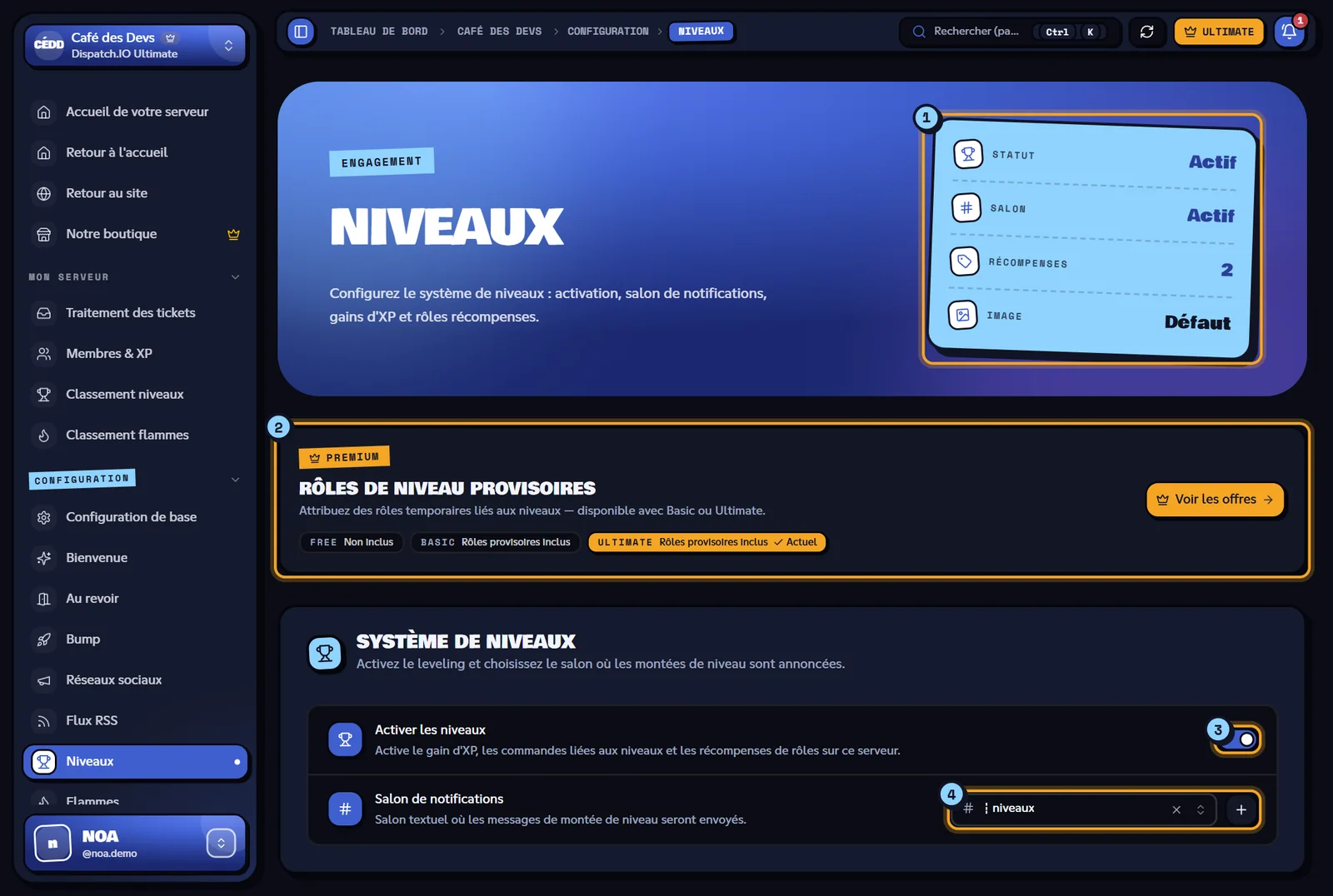 La page Niveaux du serveur Café des Devs. Page Niveaux avec les indicateurs, le bandeau premium et le système de niveaux