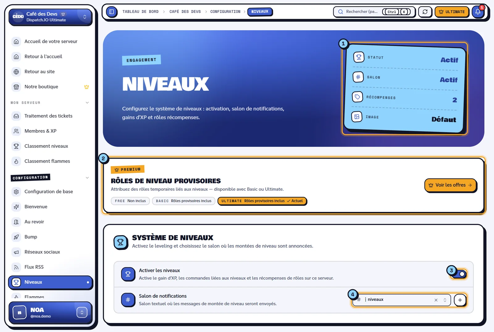 La page Niveaux du serveur Café des Devs. Page Niveaux avec les indicateurs, le bandeau premium et le système de niveaux