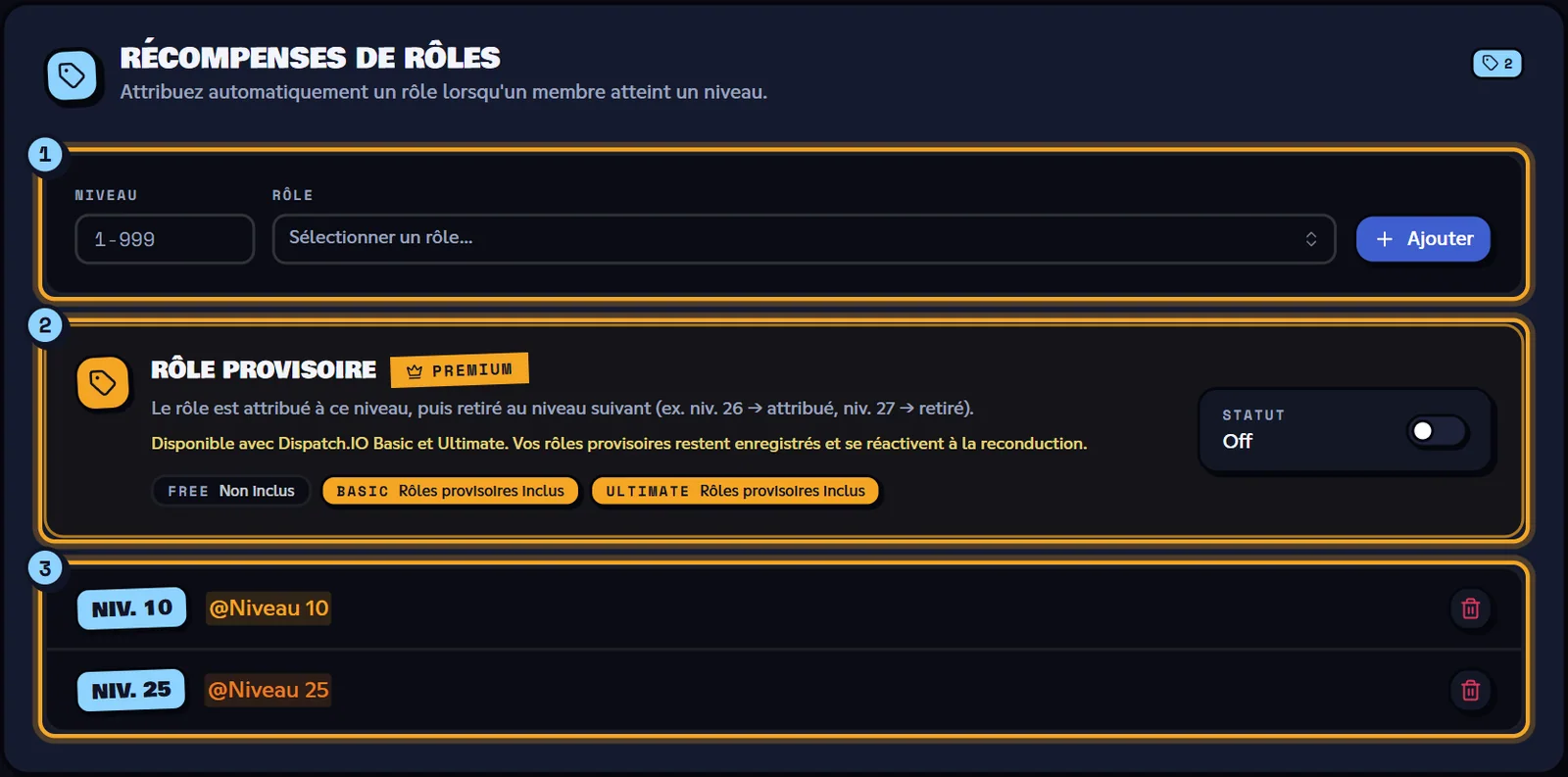 Deux récompenses : @Niveau 10 au niveau 10 et @Niveau 25 au niveau 25. Bloc Récompenses de rôles avec les récompenses aux niveaux 10 et 25 et l'option Rôle provisoire