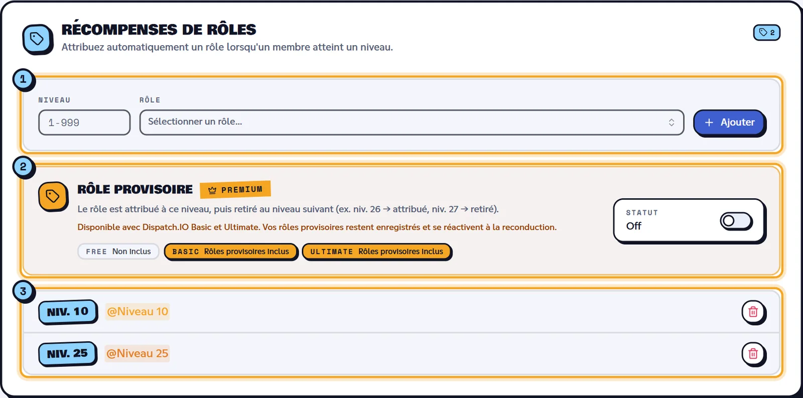 Deux récompenses : @Niveau 10 au niveau 10 et @Niveau 25 au niveau 25. Bloc Récompenses de rôles avec les récompenses aux niveaux 10 et 25 et l'option Rôle provisoire