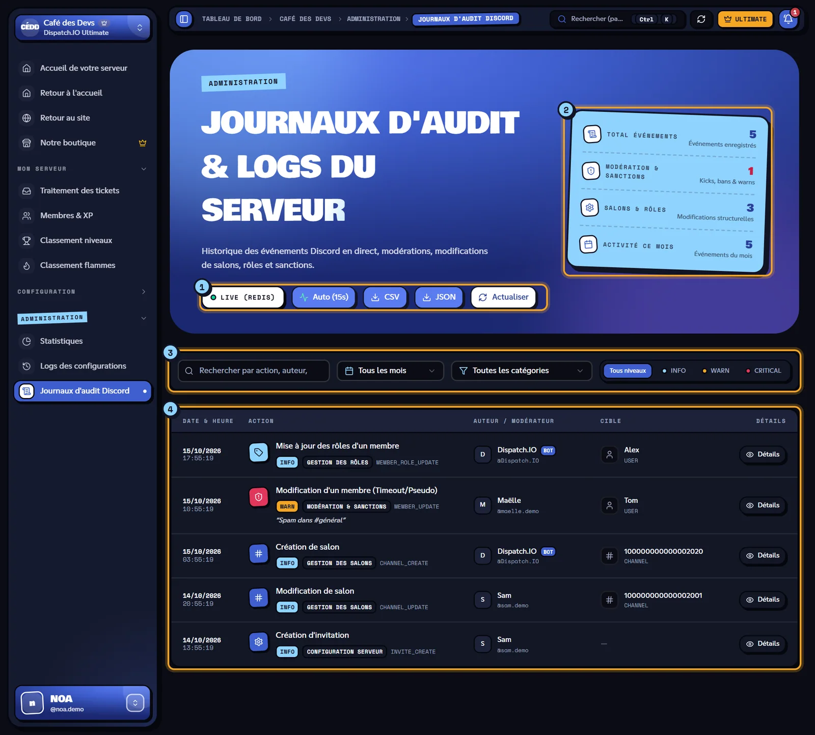 La page Journaux d'audit Discord. Page Journaux d'audit Discord avec plusieurs événements