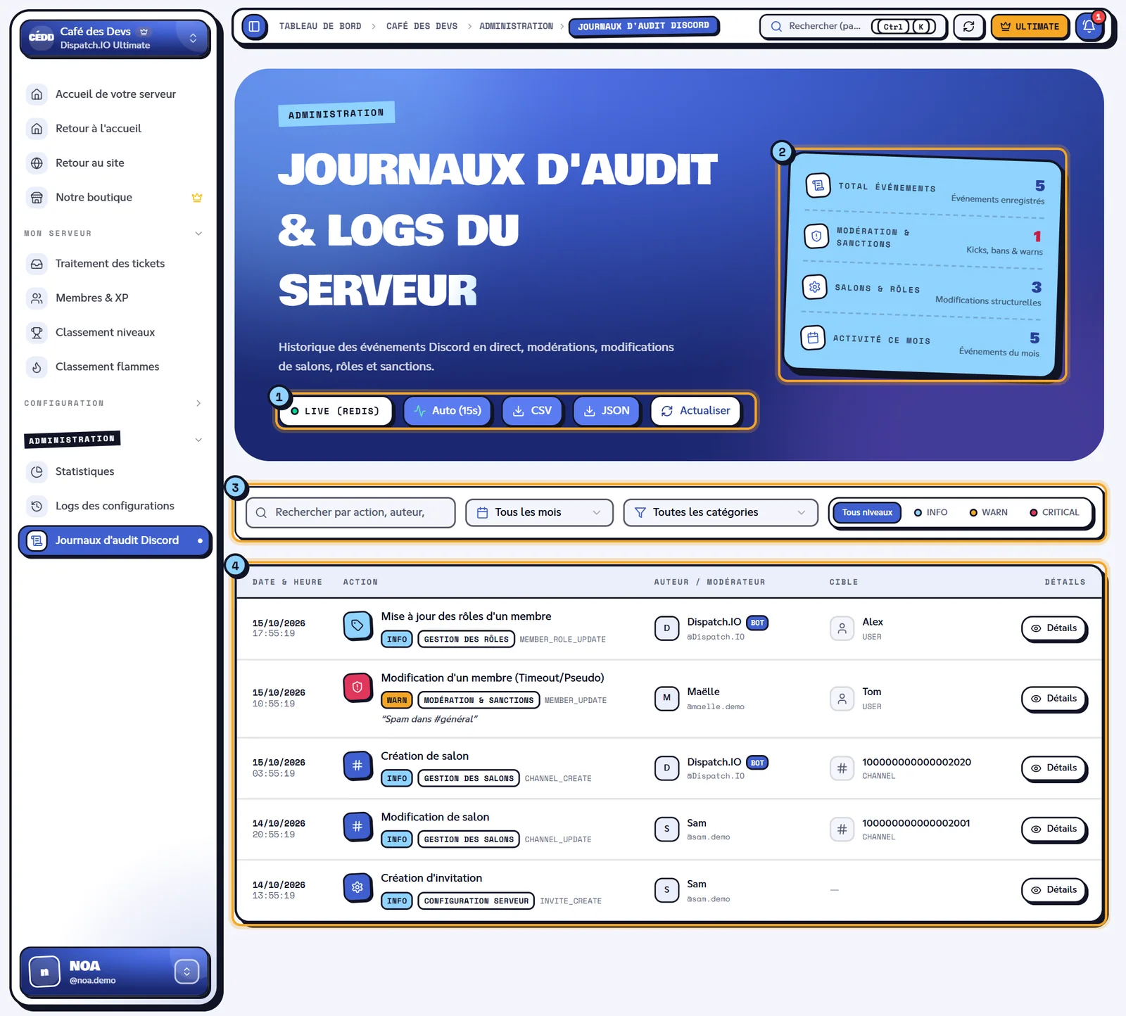 La page Journaux d'audit Discord. Page Journaux d'audit Discord avec plusieurs événements