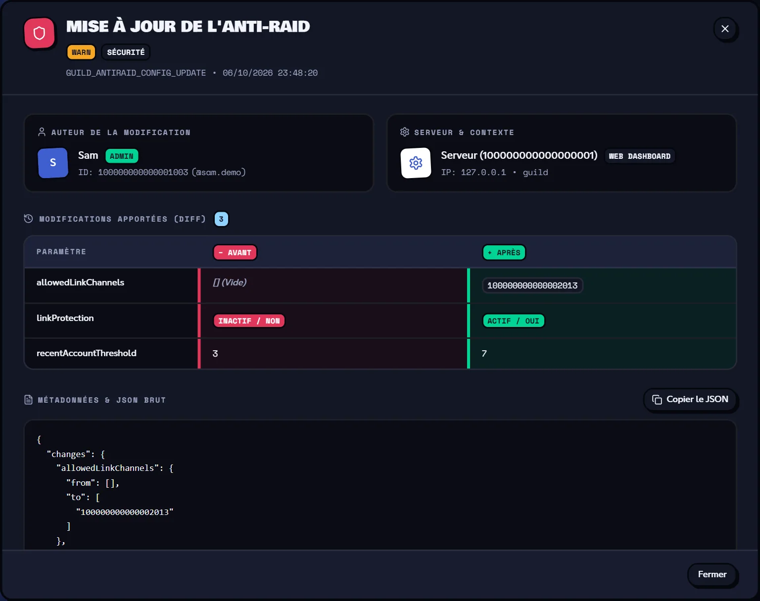 Le détail d'une modification : qui, quoi, avant et après. Fiche d'une modification de configuration avec le diff avant / après