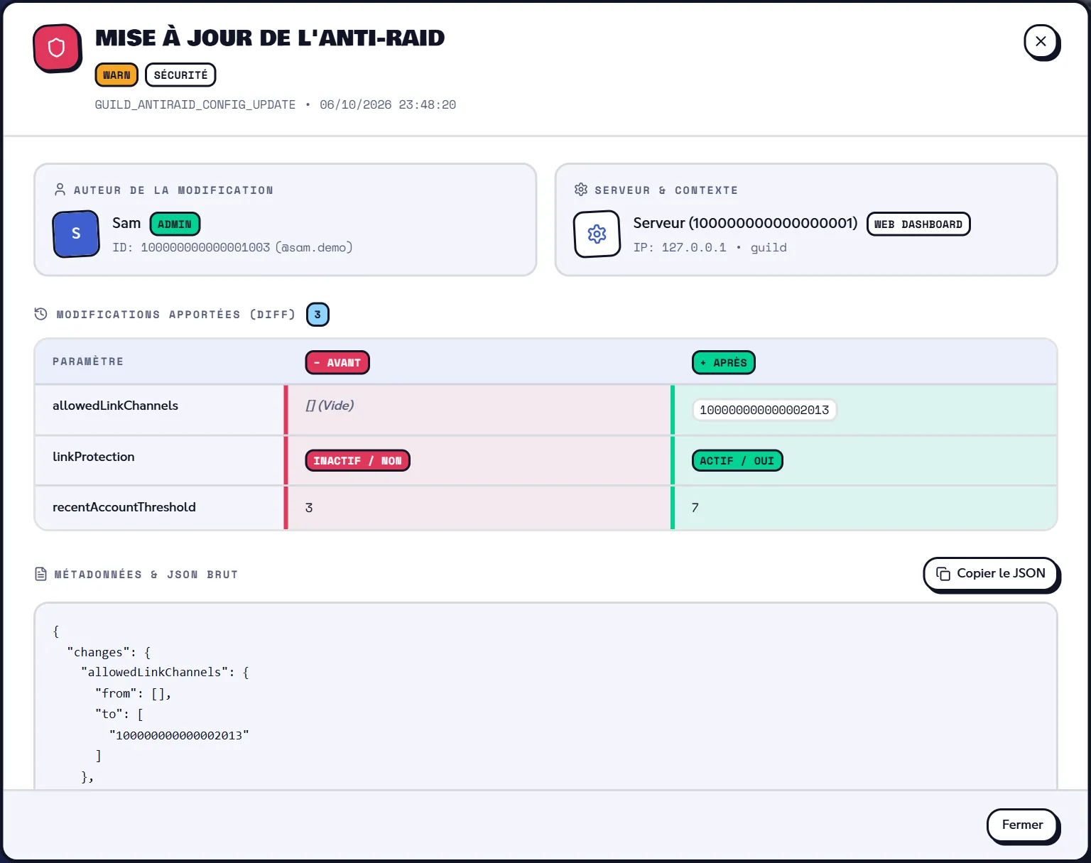 Le détail d'une modification : qui, quoi, avant et après. Fiche d'une modification de configuration avec le diff avant / après