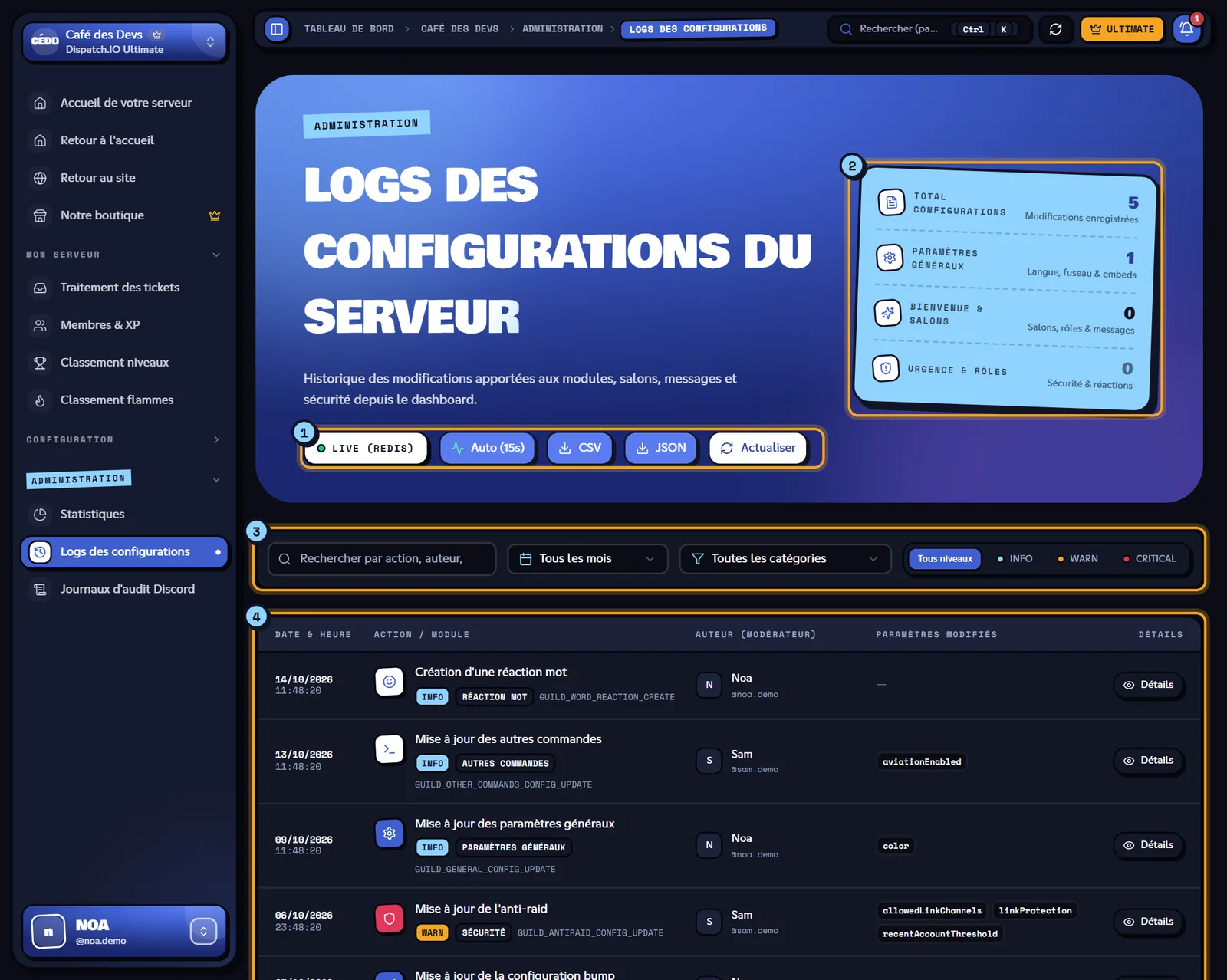 La page Logs des configurations. Page Logs des configurations avec plusieurs modifications