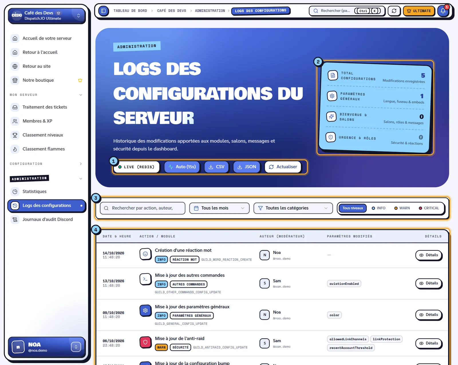 La page Logs des configurations. Page Logs des configurations avec plusieurs modifications