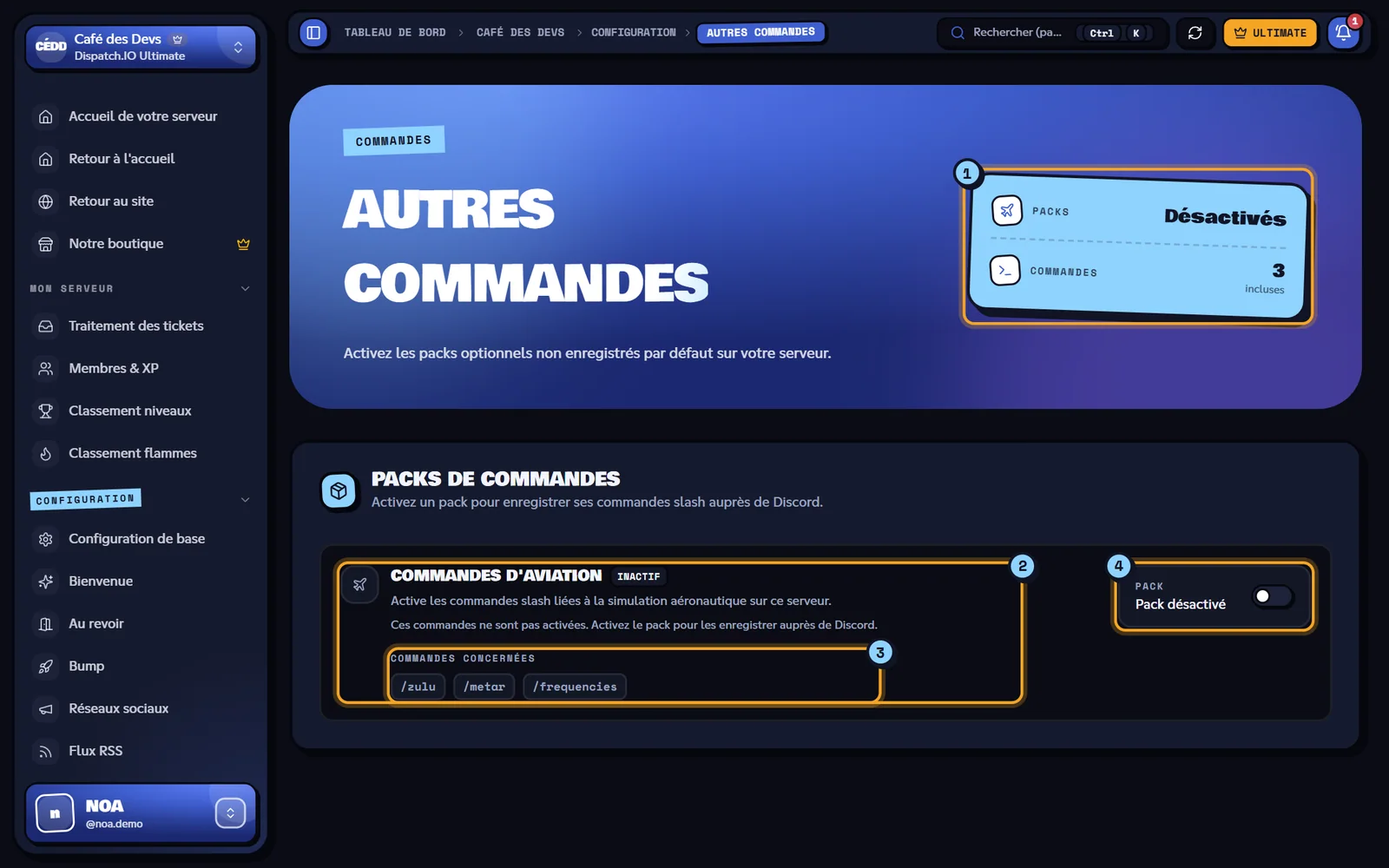 Page Autres commandes avec le pack Commandes d'aviation