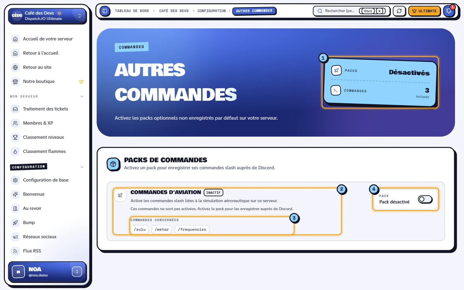 Page Autres commandes avec le pack Commandes d'aviation