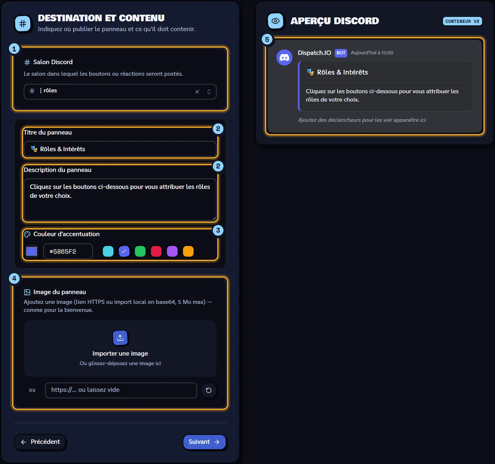 Étape 2 : le panneau « 🎭 Rôles & Intérêts » dans #rôles. Étape Destination et contenu avec le salon, le titre, la description, la couleur, l'image et l'aperçu Discord