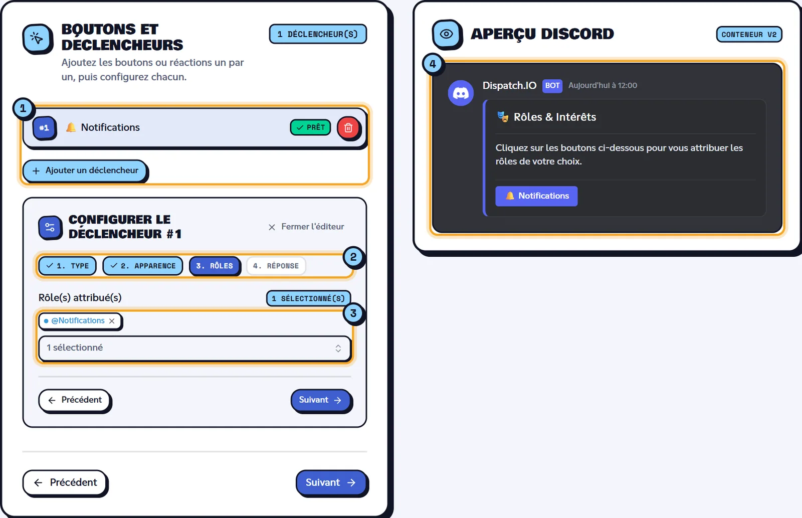 Étape 3 : un bouton qui donne le rôle @Notifications. Étape Déclencheurs avec un bouton de rôle en cours de configuration