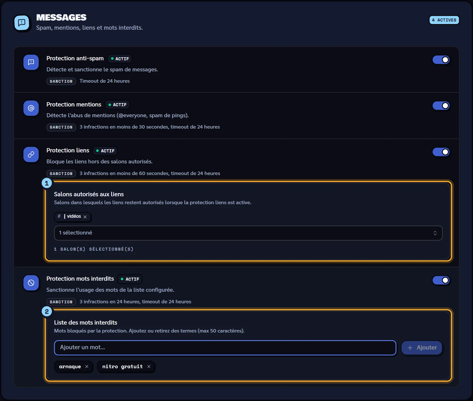 Le groupe Messages, protections liens et mots interdits dépliées. Groupe Messages avec la protection liens et la liste des mots interdits