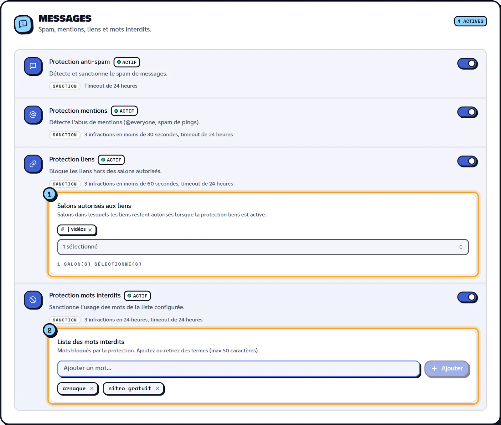 Le groupe Messages, protections liens et mots interdits dépliées. Groupe Messages avec la protection liens et la liste des mots interdits