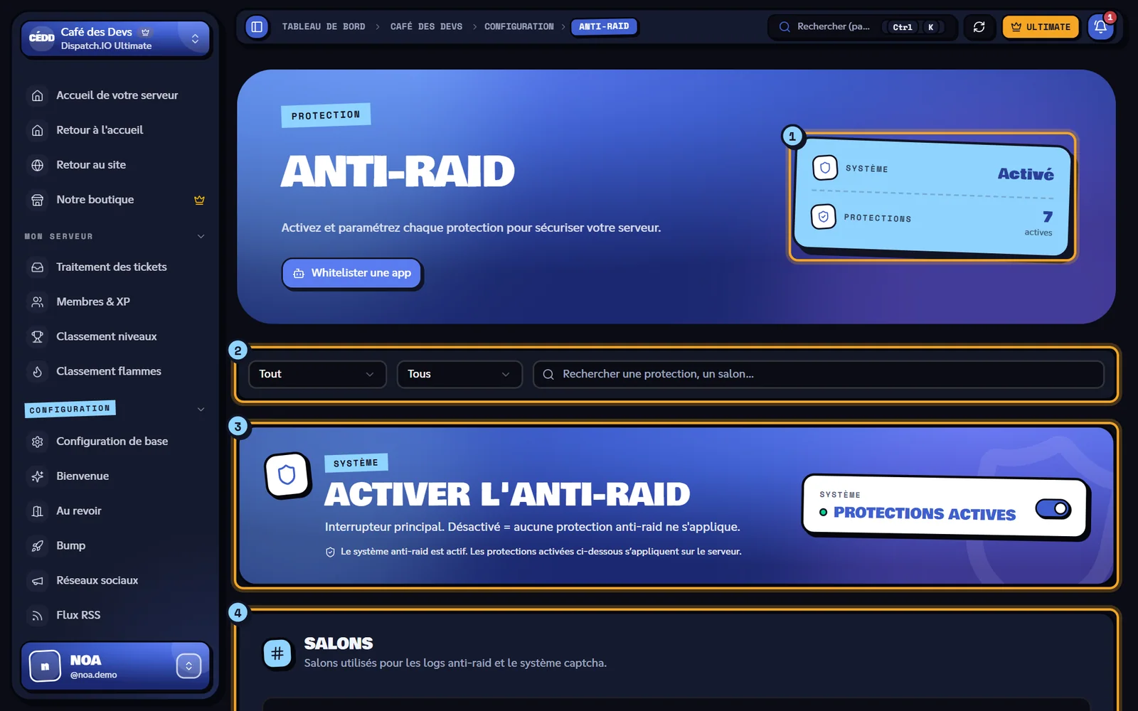 La page Anti-Raid du serveur Café des Devs. Page Anti-Raid avec le système activé et plusieurs protections