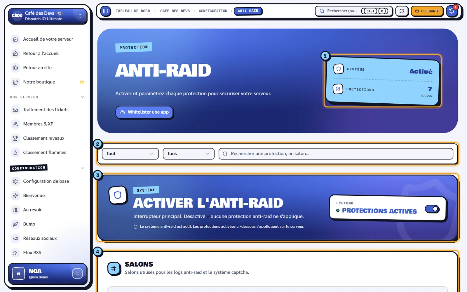 La page Anti-Raid du serveur Café des Devs. Page Anti-Raid avec le système activé et plusieurs protections