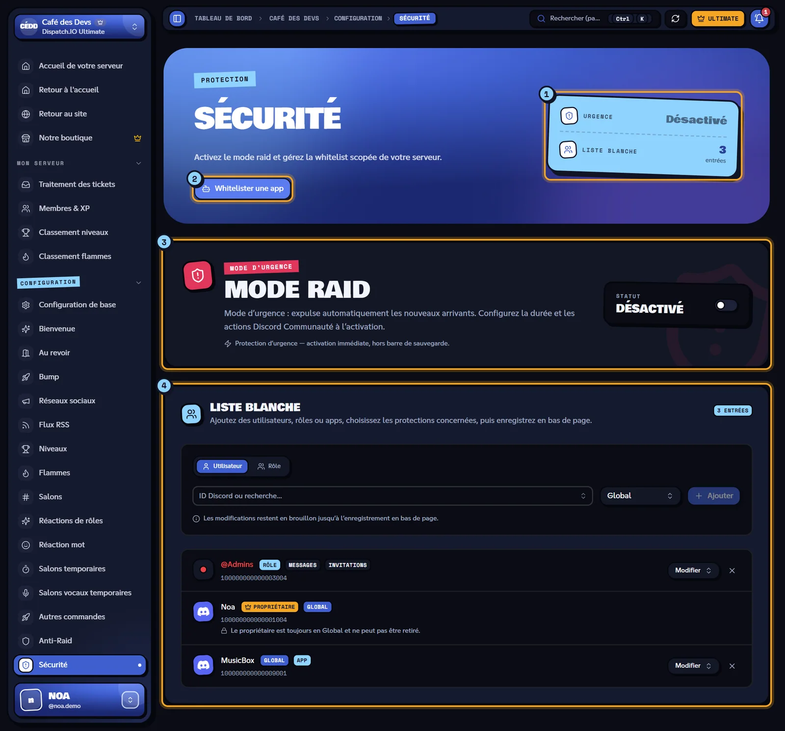 La page Sécurité du serveur Café des Devs. Page Sécurité avec le mode raid désactivé et la liste blanche
