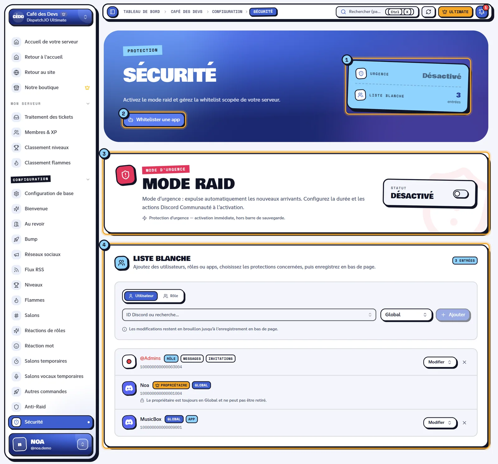 La page Sécurité du serveur Café des Devs. Page Sécurité avec le mode raid désactivé et la liste blanche