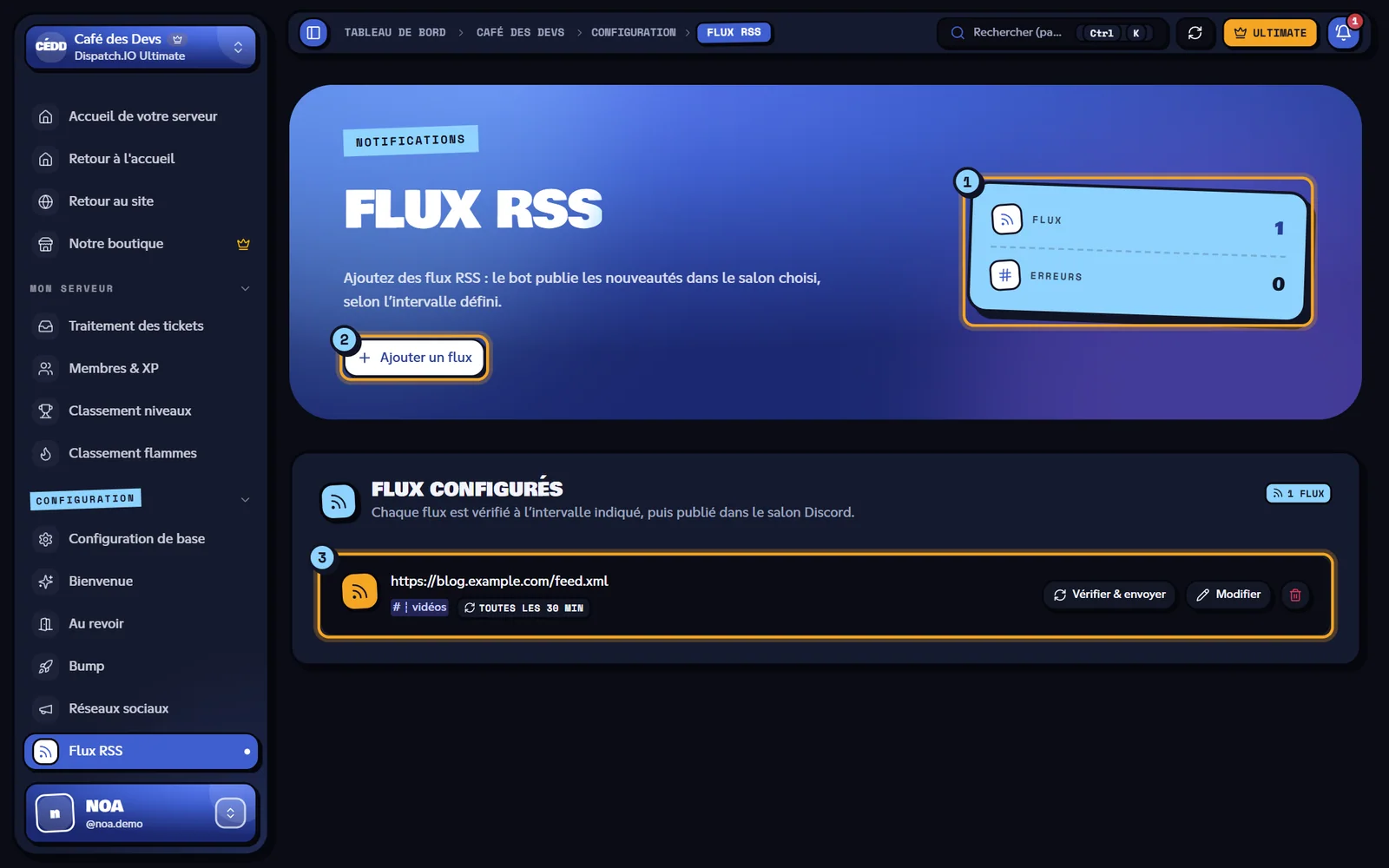La page Flux RSS. Page Flux RSS avec un flux configuré
