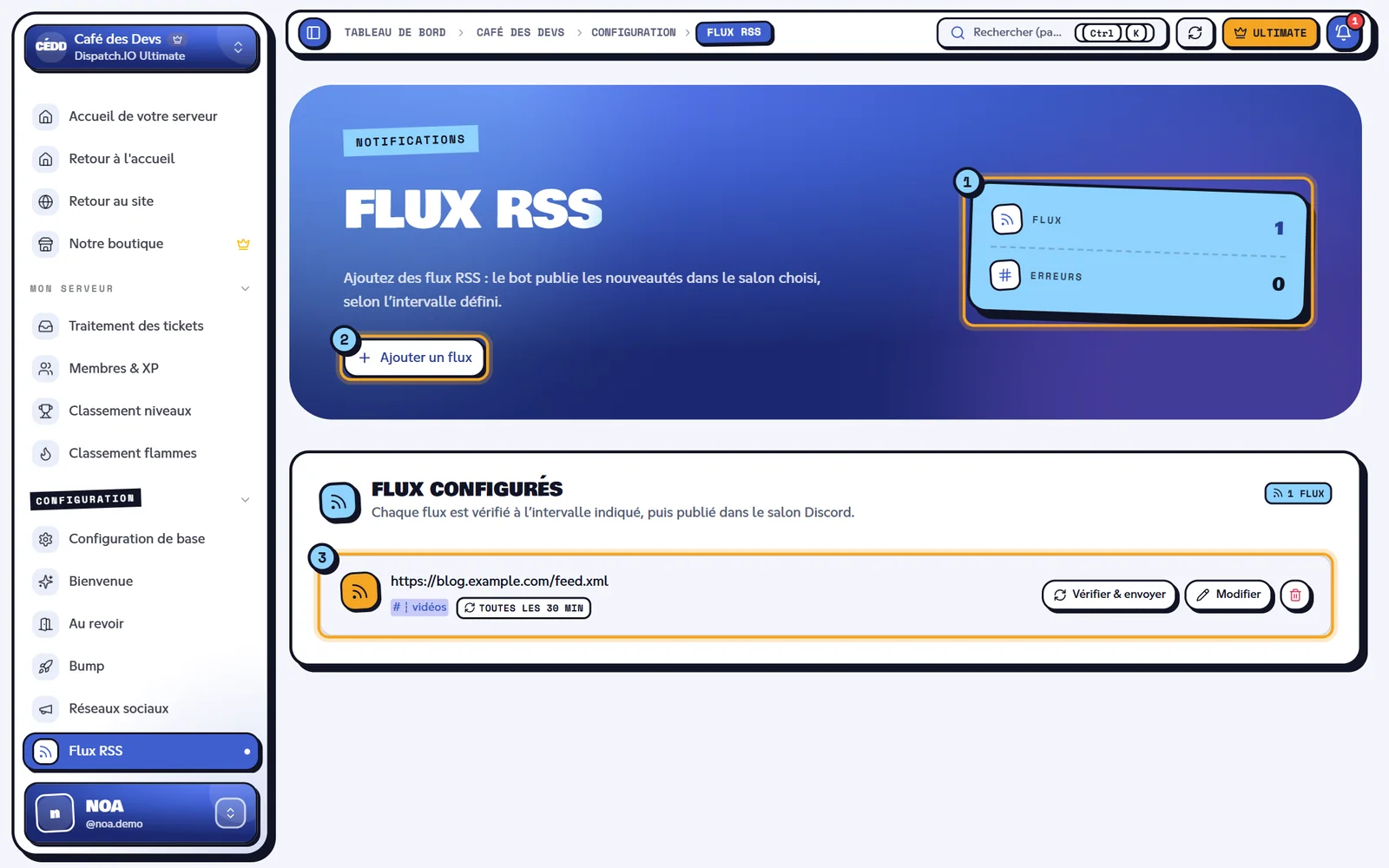 La page Flux RSS. Page Flux RSS avec un flux configuré