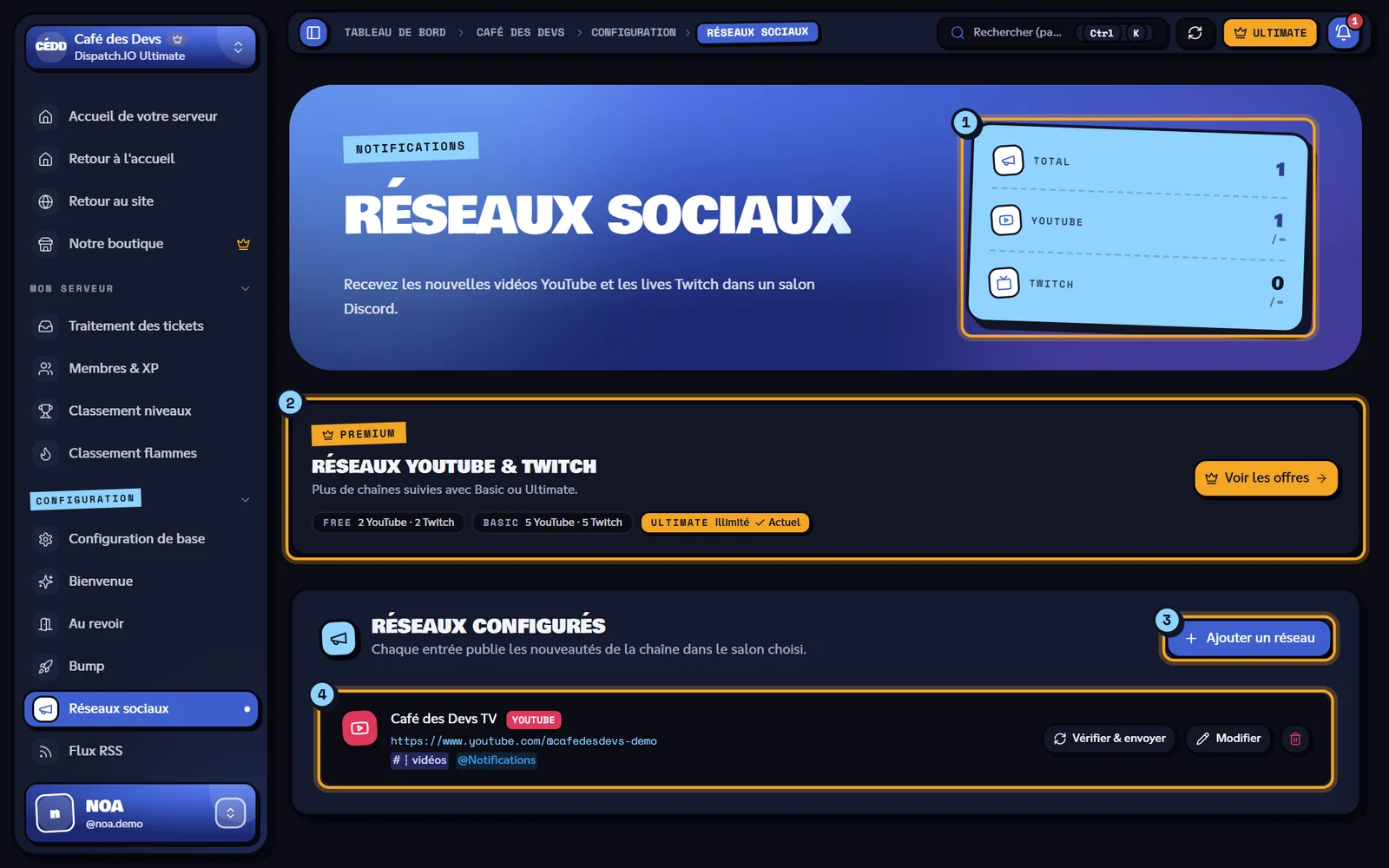 La page Réseaux sociaux du serveur Café des Devs. Page Réseaux sociaux avec la chaîne YouTube Café des Devs TV