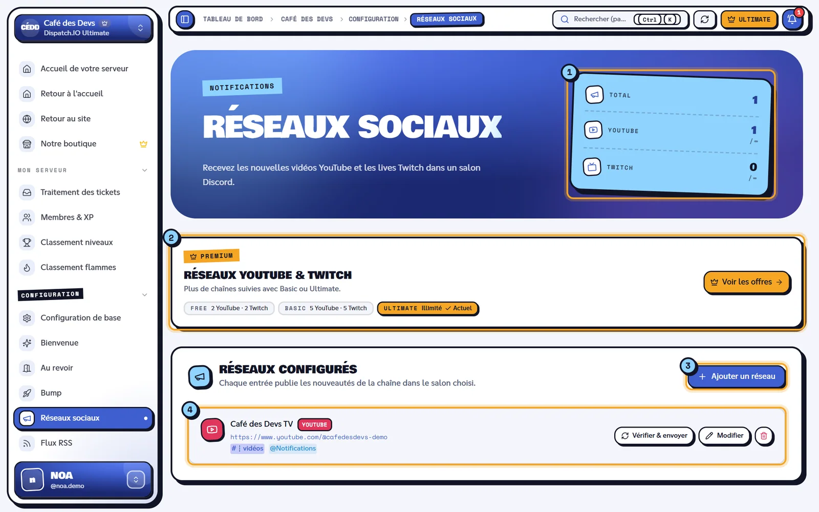La page Réseaux sociaux du serveur Café des Devs. Page Réseaux sociaux avec la chaîne YouTube Café des Devs TV