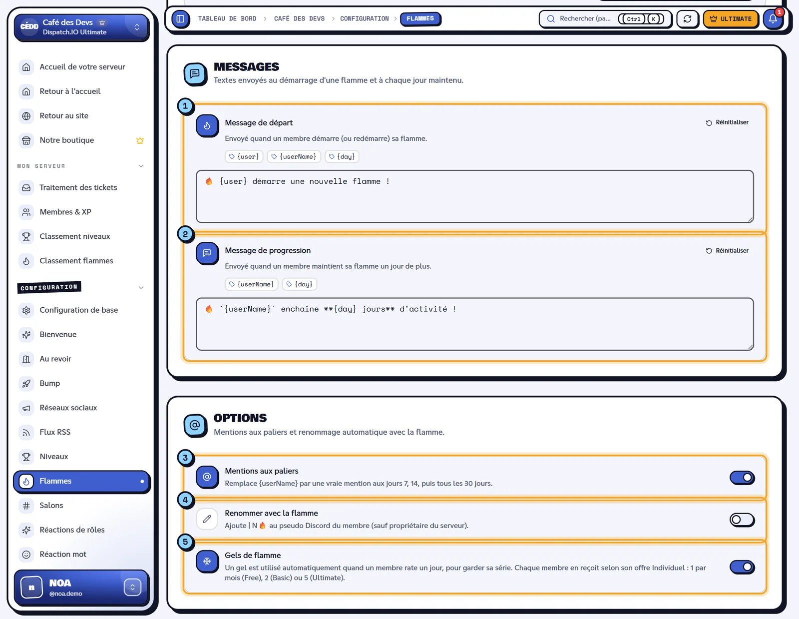 Les deux messages et les trois options. Blocs Messages et Options de la page Flammes