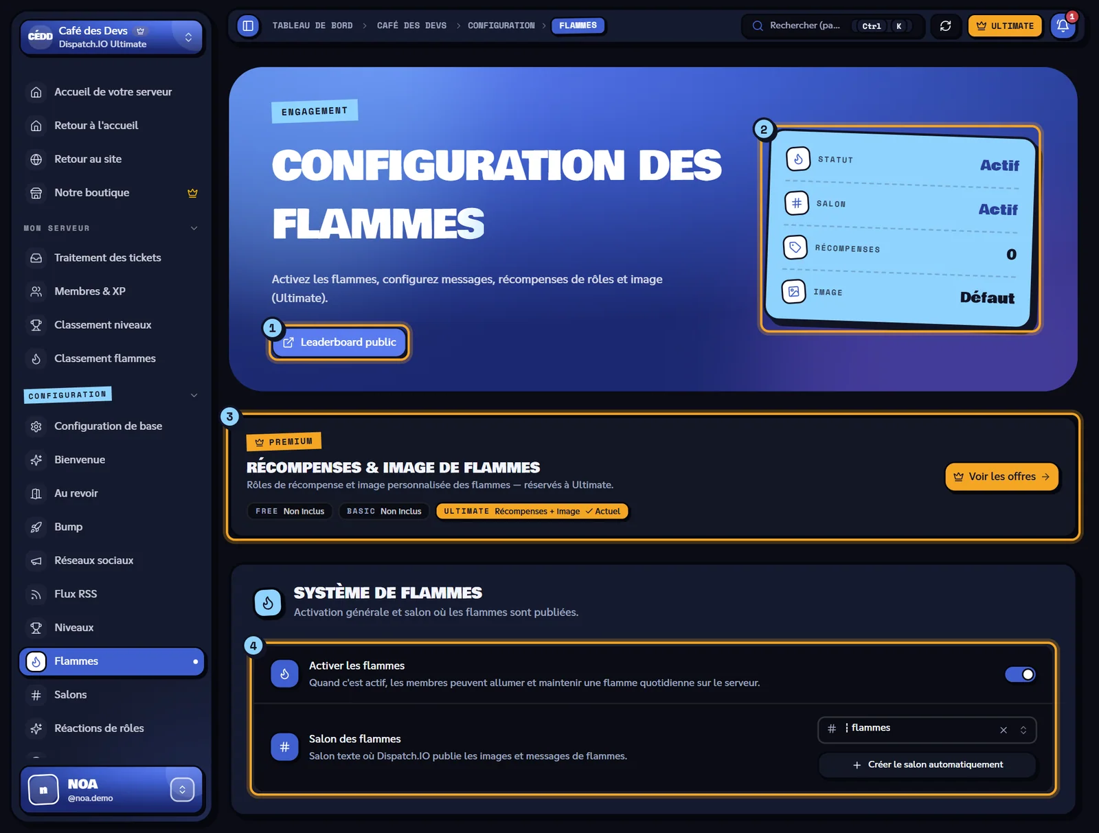 La page Flammes du serveur Café des Devs. Page Configuration des flammes avec les indicateurs, le bandeau Ultimate et le système de flammes