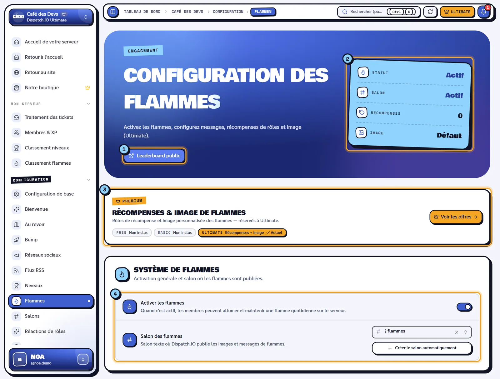 La page Flammes du serveur Café des Devs. Page Configuration des flammes avec les indicateurs, le bandeau Ultimate et le système de flammes
