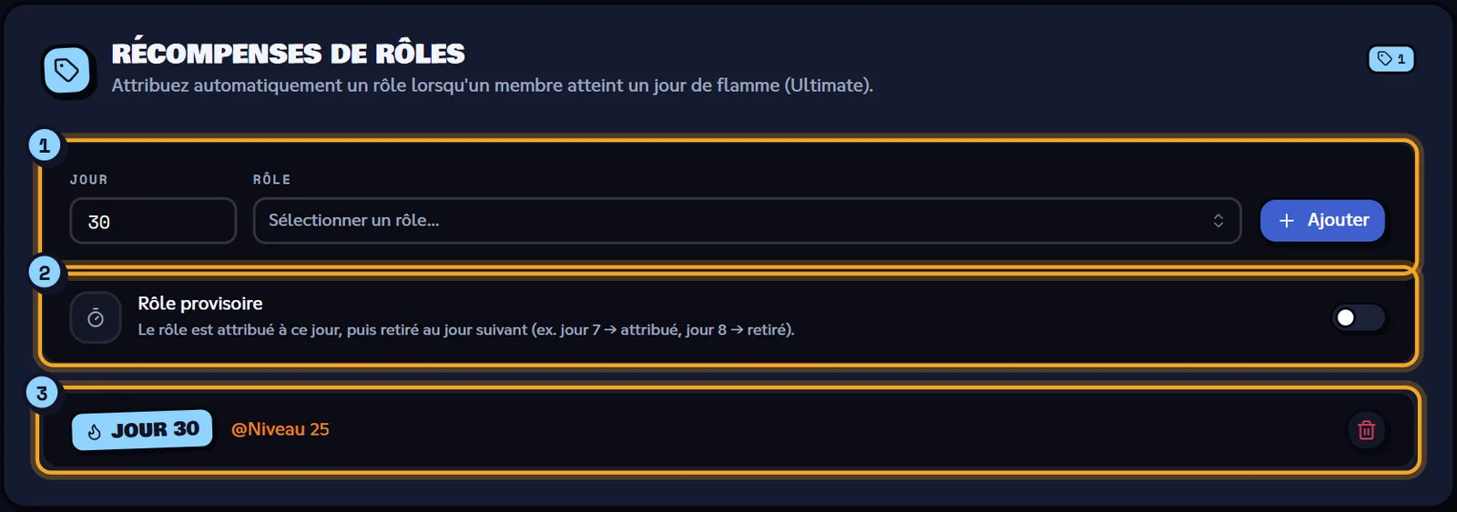 Une récompense au jour 30 (offre Ultimate). Bloc Récompenses de rôles des flammes avec une récompense au jour 30