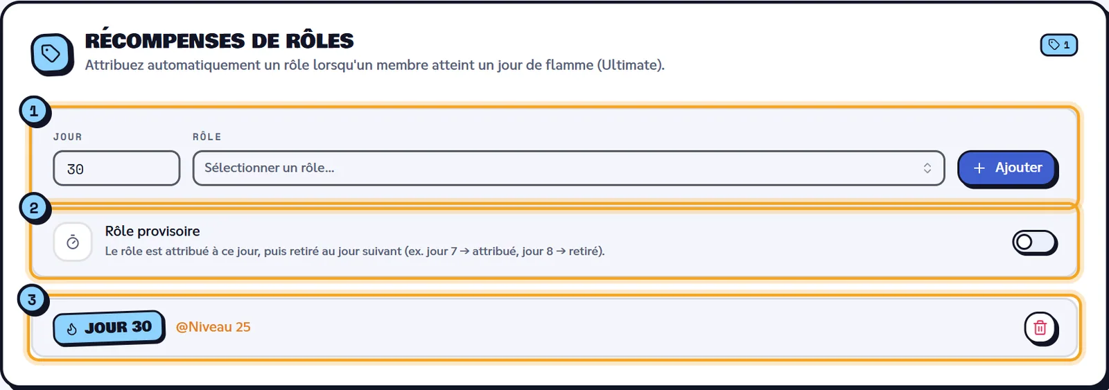 Une récompense au jour 30 (offre Ultimate). Bloc Récompenses de rôles des flammes avec une récompense au jour 30