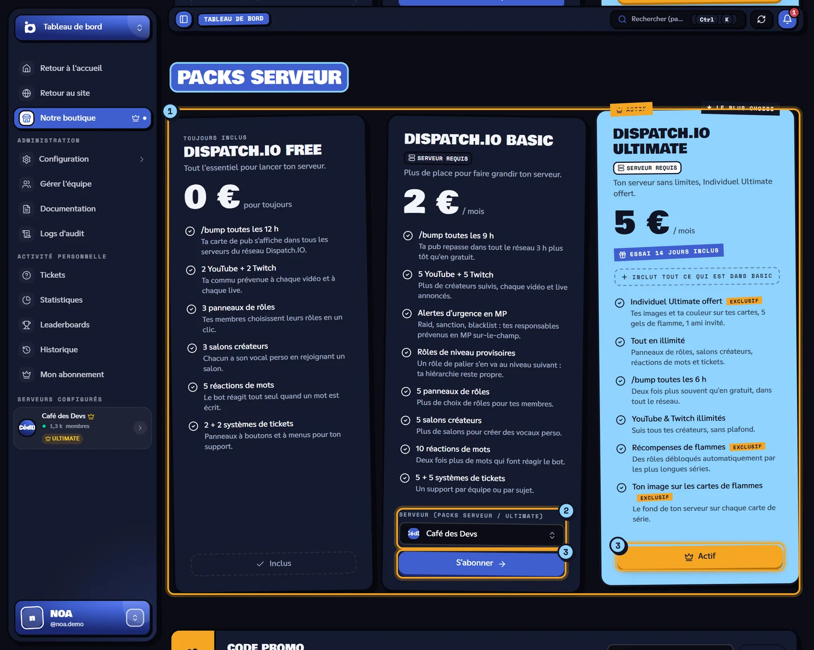 Boutique ouverte depuis un serveur, section Packs serveur