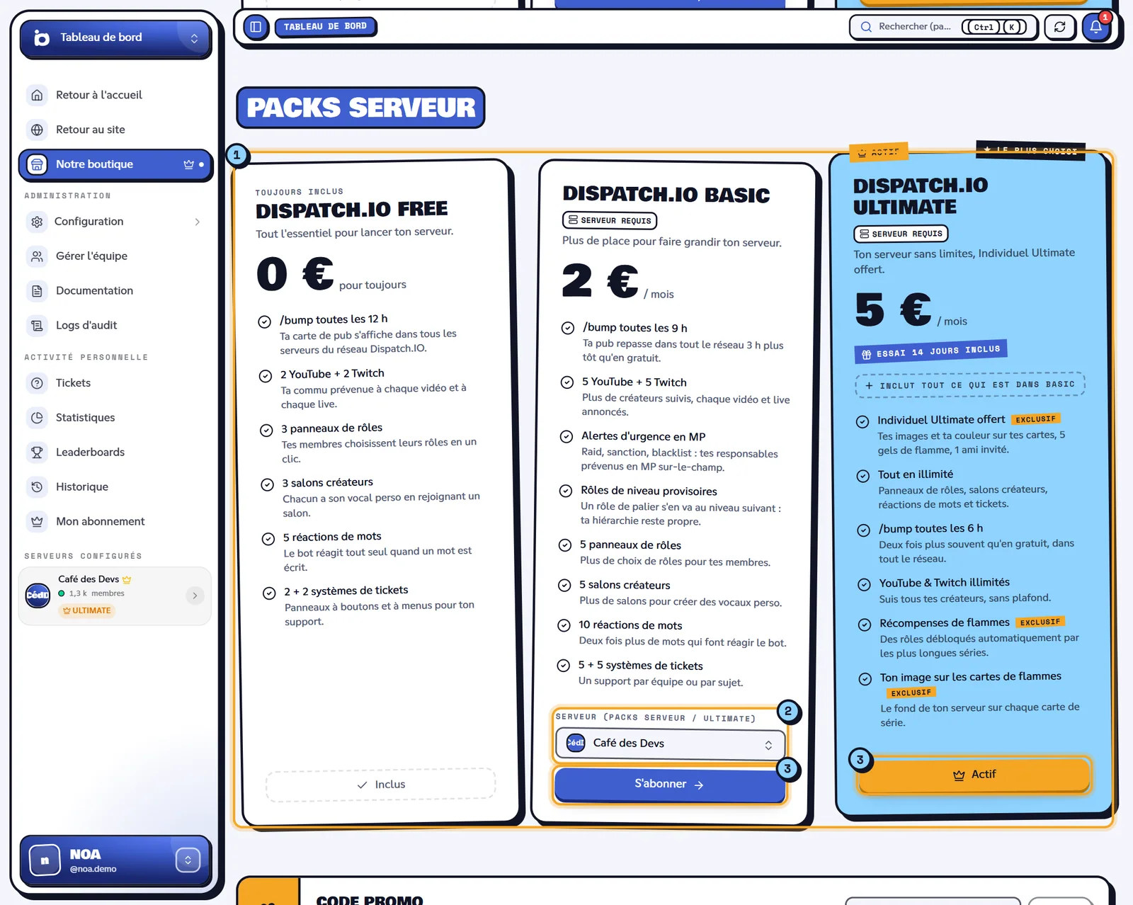 Boutique ouverte depuis un serveur, section Packs serveur
