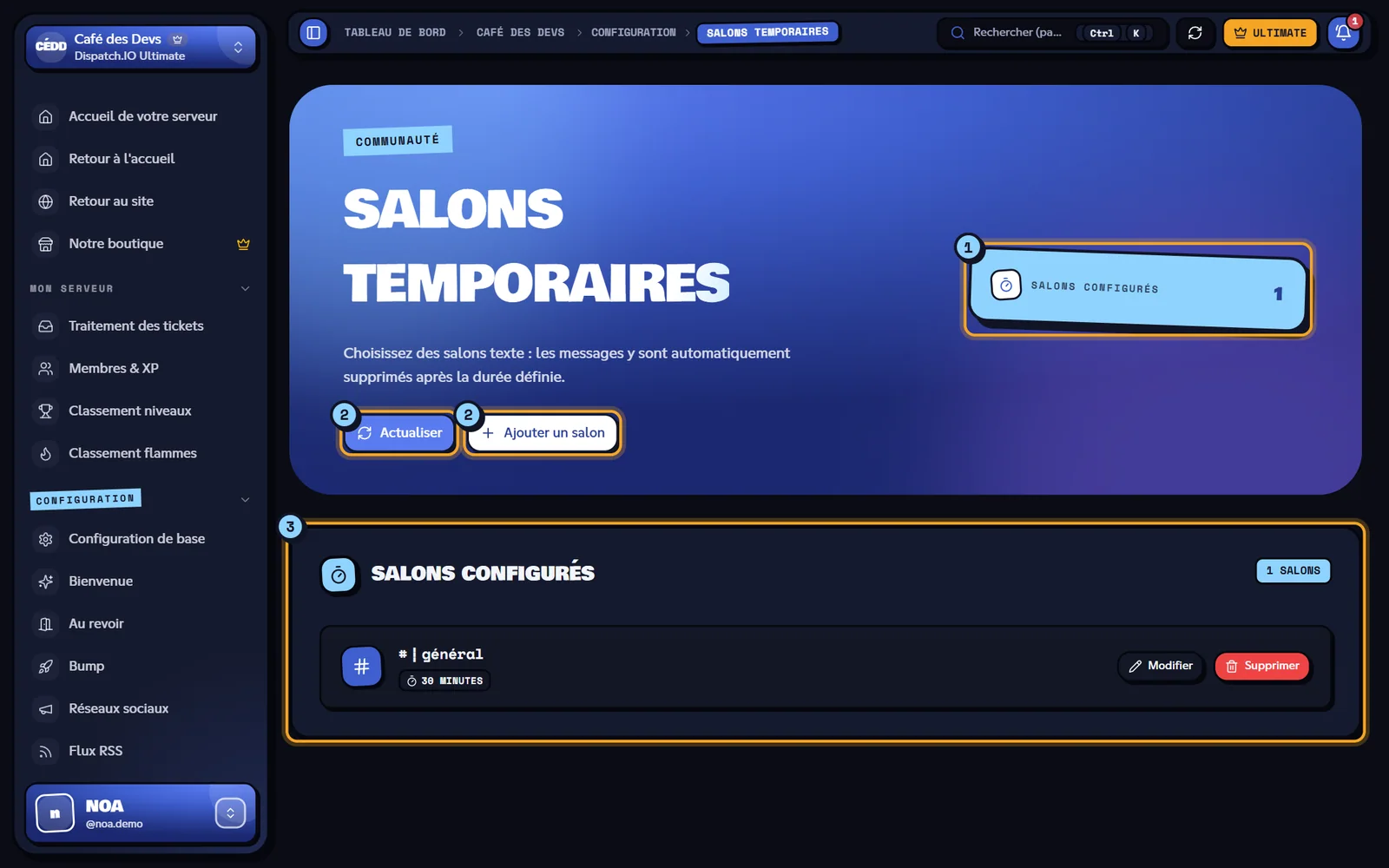 La page Salons temporaires. Page Salons temporaires avec un salon configuré