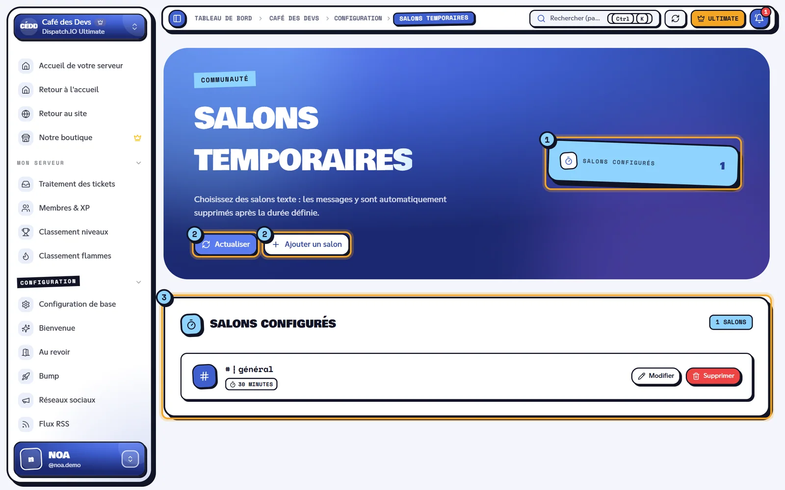 La page Salons temporaires. Page Salons temporaires avec un salon configuré