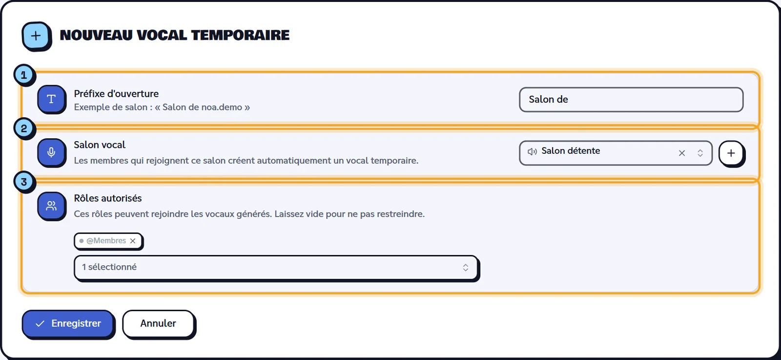 Le formulaire d'ajout d'un salon créateur. Formulaire Nouveau vocal temporaire