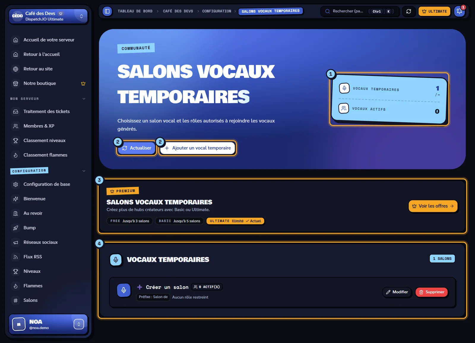 La page Salons vocaux temporaires. Page Salons vocaux temporaires avec le salon créateur « ➕ Créer un salon »