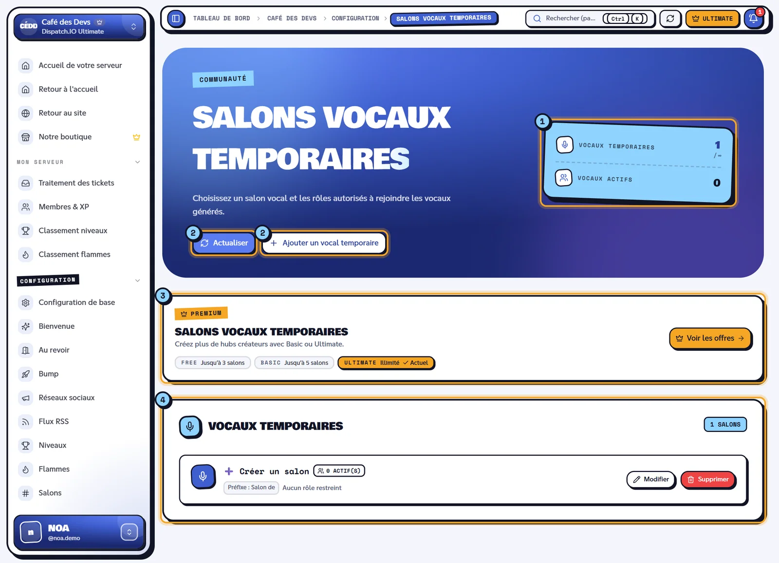 La page Salons vocaux temporaires. Page Salons vocaux temporaires avec le salon créateur « ➕ Créer un salon »