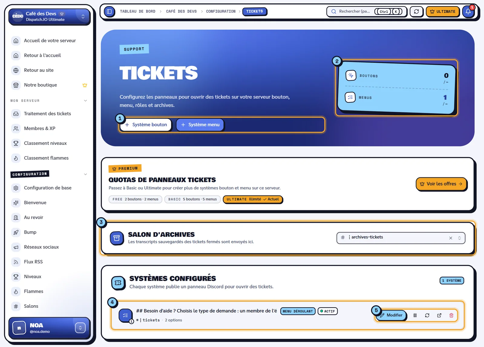 La configuration des tickets du serveur Café des Devs. Page Tickets avec les quotas, le salon d'archives et les systèmes configurés