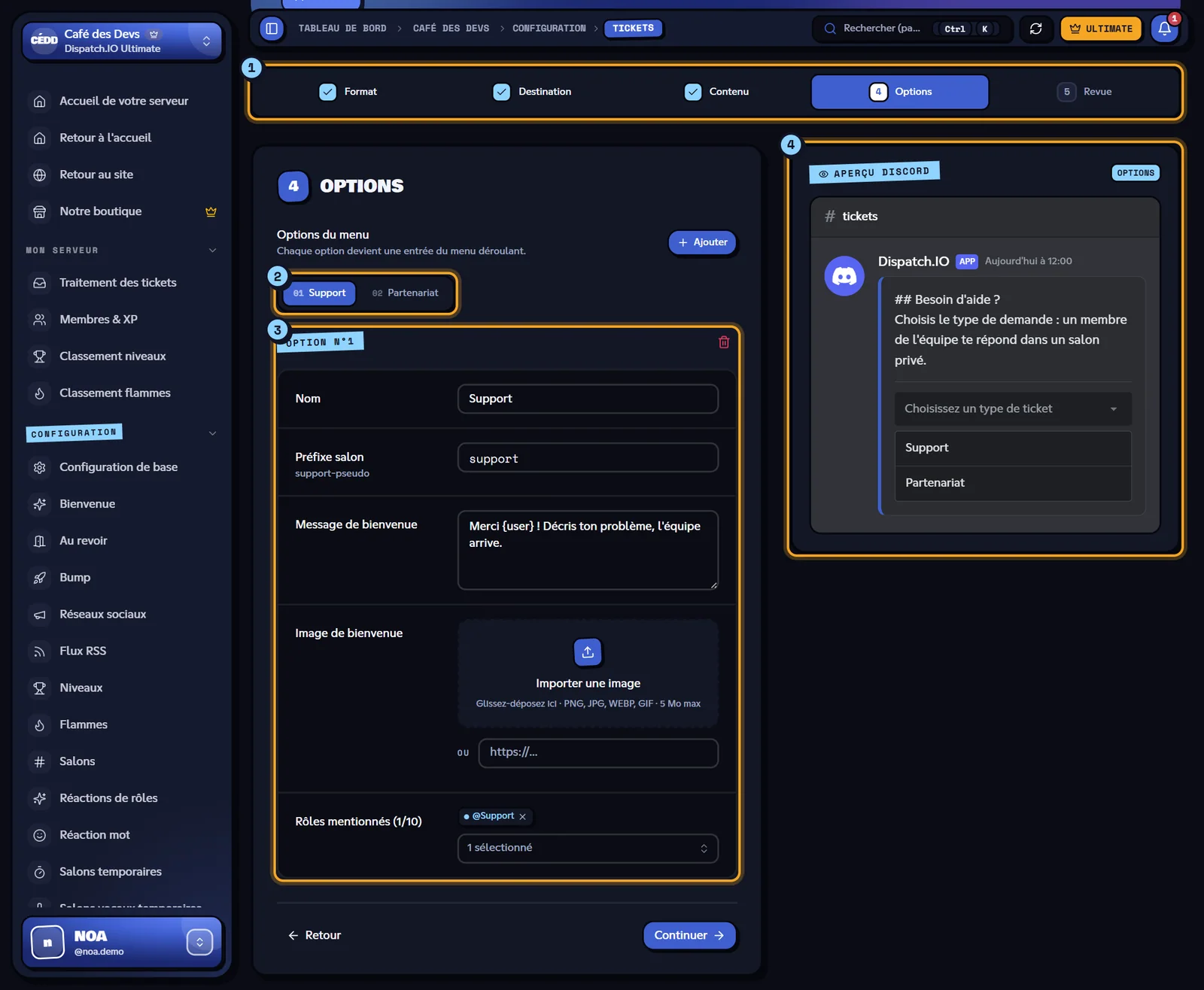 Étape Options d'un système menu : deux options, Support et Partenariat. Éditeur d'un système menu à l'étape Options, avec l'aperçu Discord du panneau