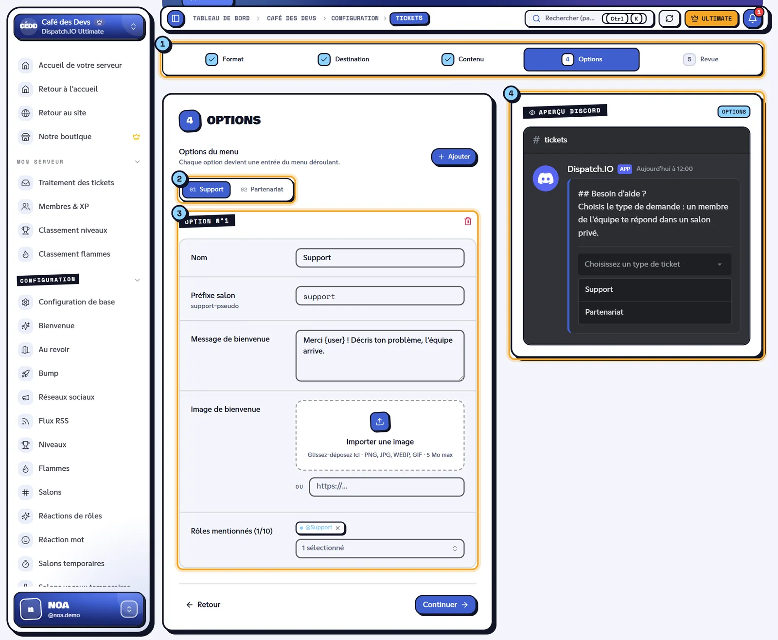 Étape Options d'un système menu : deux options, Support et Partenariat. Éditeur d'un système menu à l'étape Options, avec l'aperçu Discord du panneau