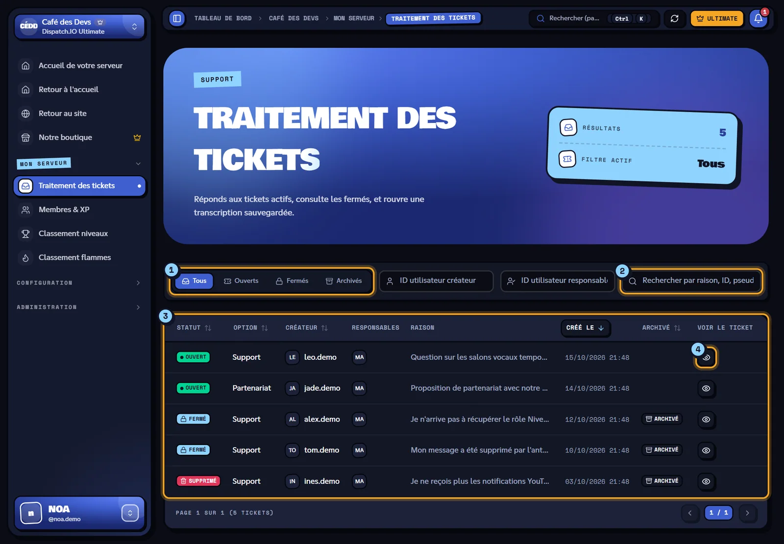 Les cinq tickets du serveur Café des Devs. Liste des tickets avec les filtres de statut, la recherche et le tableau